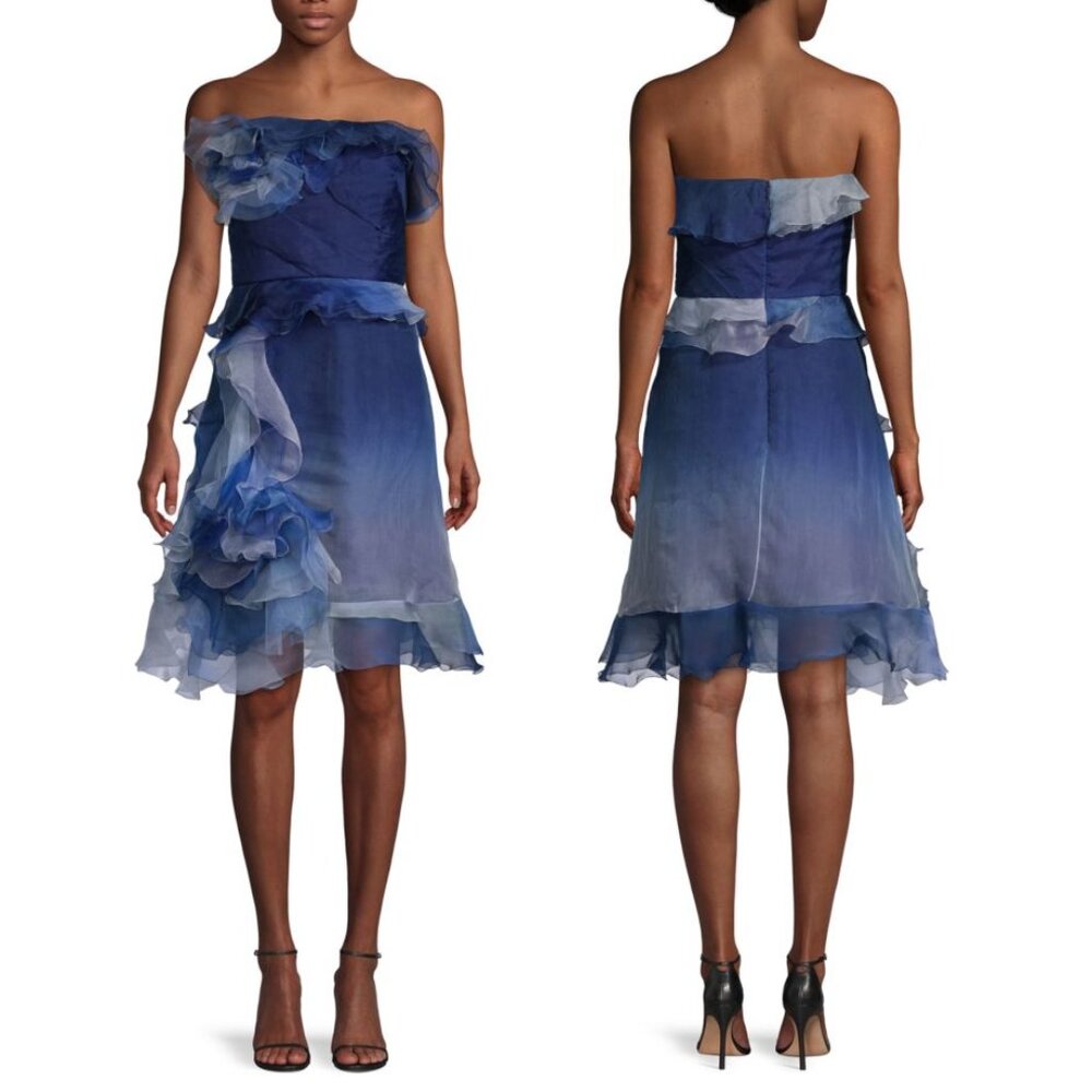 MARCHESA Ombré Strapless Ruffled Silk-Blend Fit & Flare Cocktail Mini Dress Blue